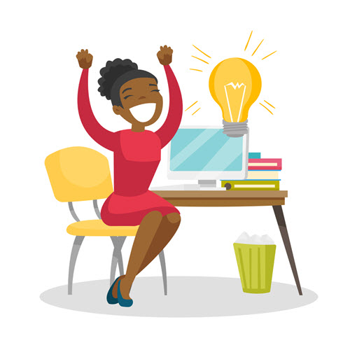 Graphic of a woman sitting at a table with an idea lightbulb lit up and she's cheering